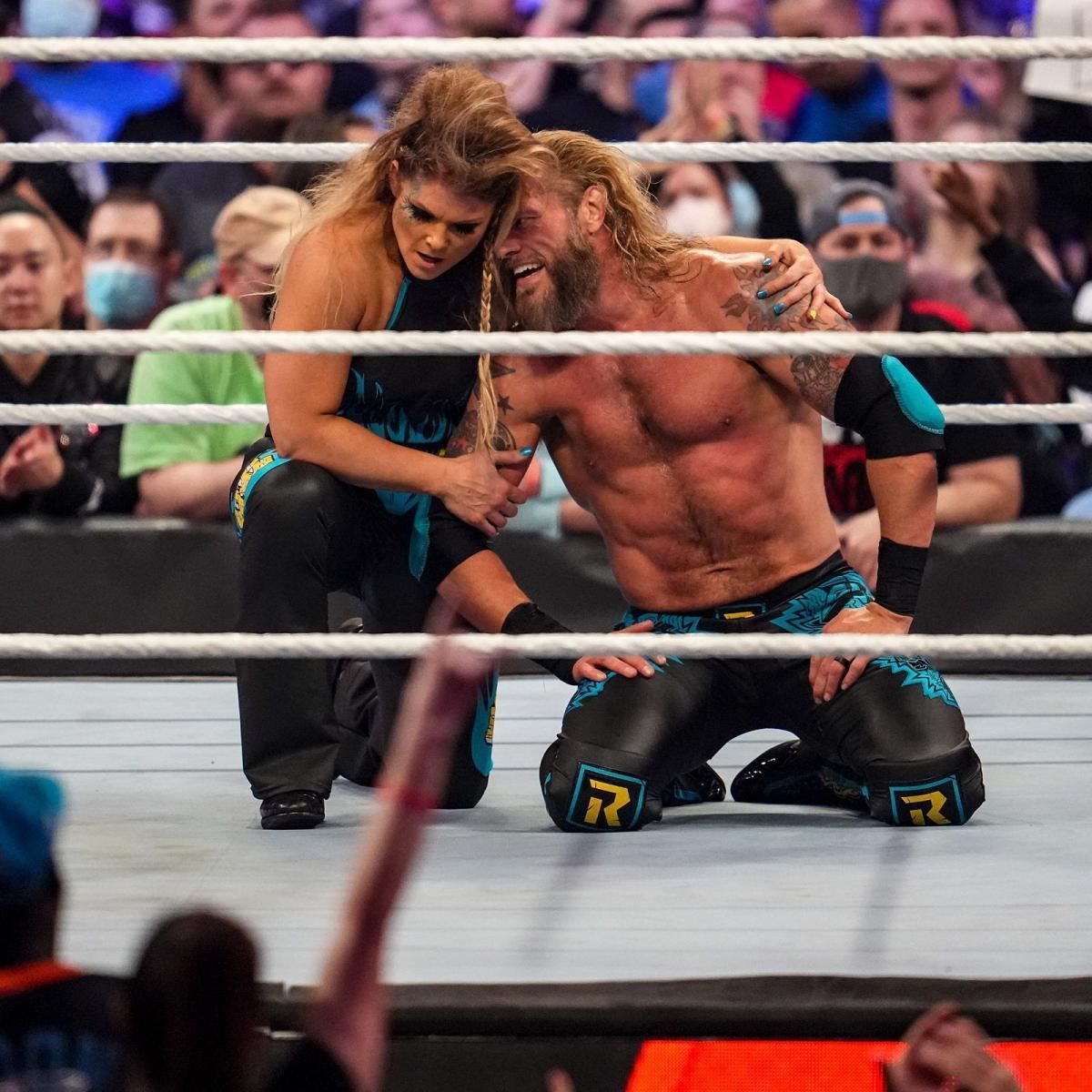 Beth and Edge celebrate their victory at the Royal Rumble