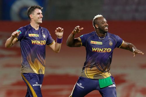 KKR’s Pat Cummins (left) and Andre Russell in celebration mode. Pic: IPLT20.COM