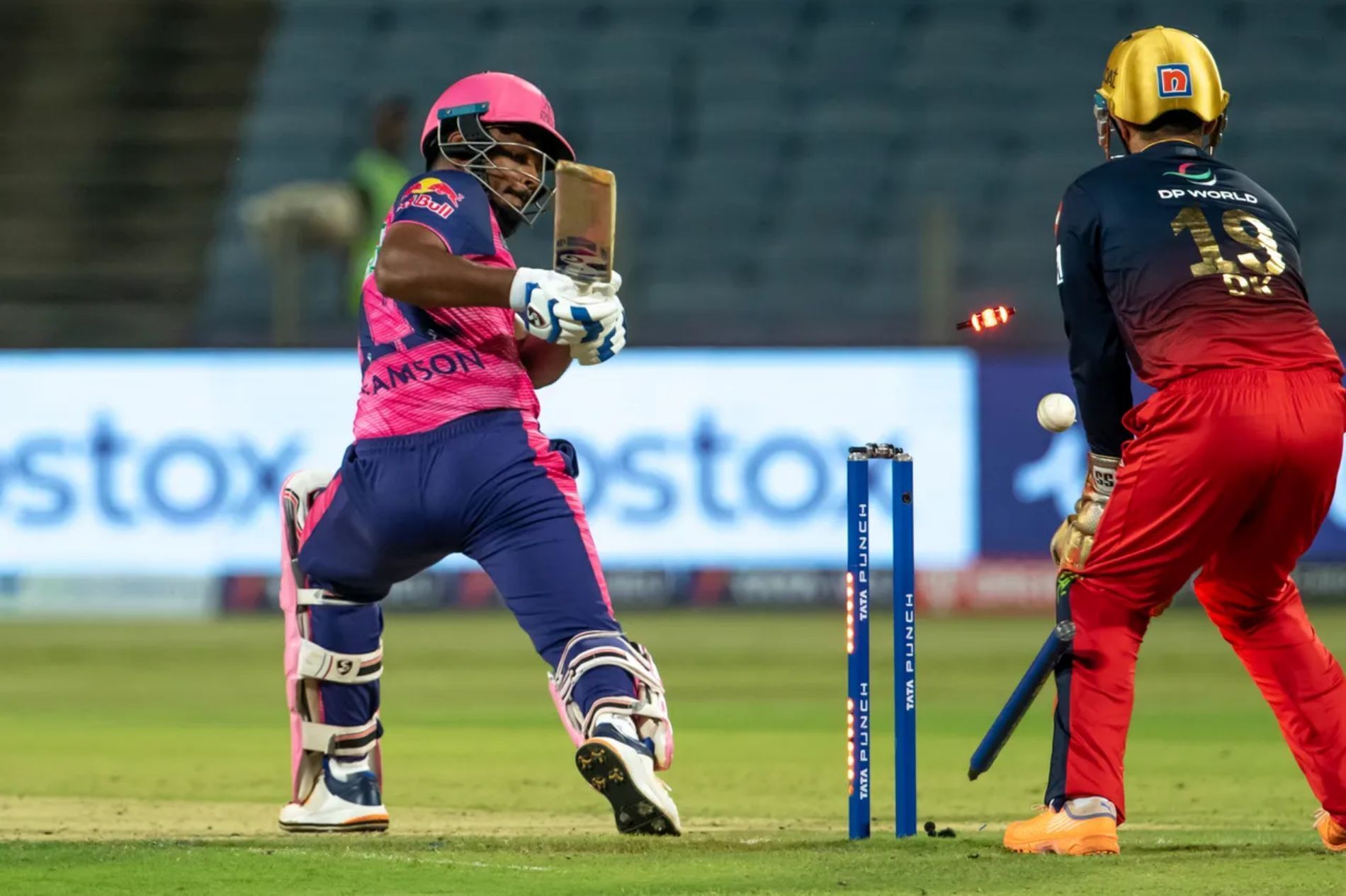 Sanju Samson is clean bowled by Wanindu Hasaranga against RCB. Pic: IPLT20.COM