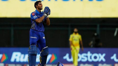 Tilak Varma celebrates after winning the game for MI against Chennai. (P.C.:iplt20.com)