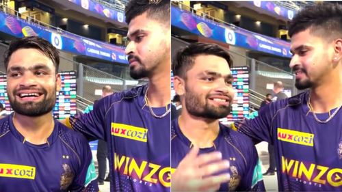 Rinku Singh (L) and Shreyas Iyer during a fun interaction after KKR's win over RR. (P.C.: KKR Instagram)