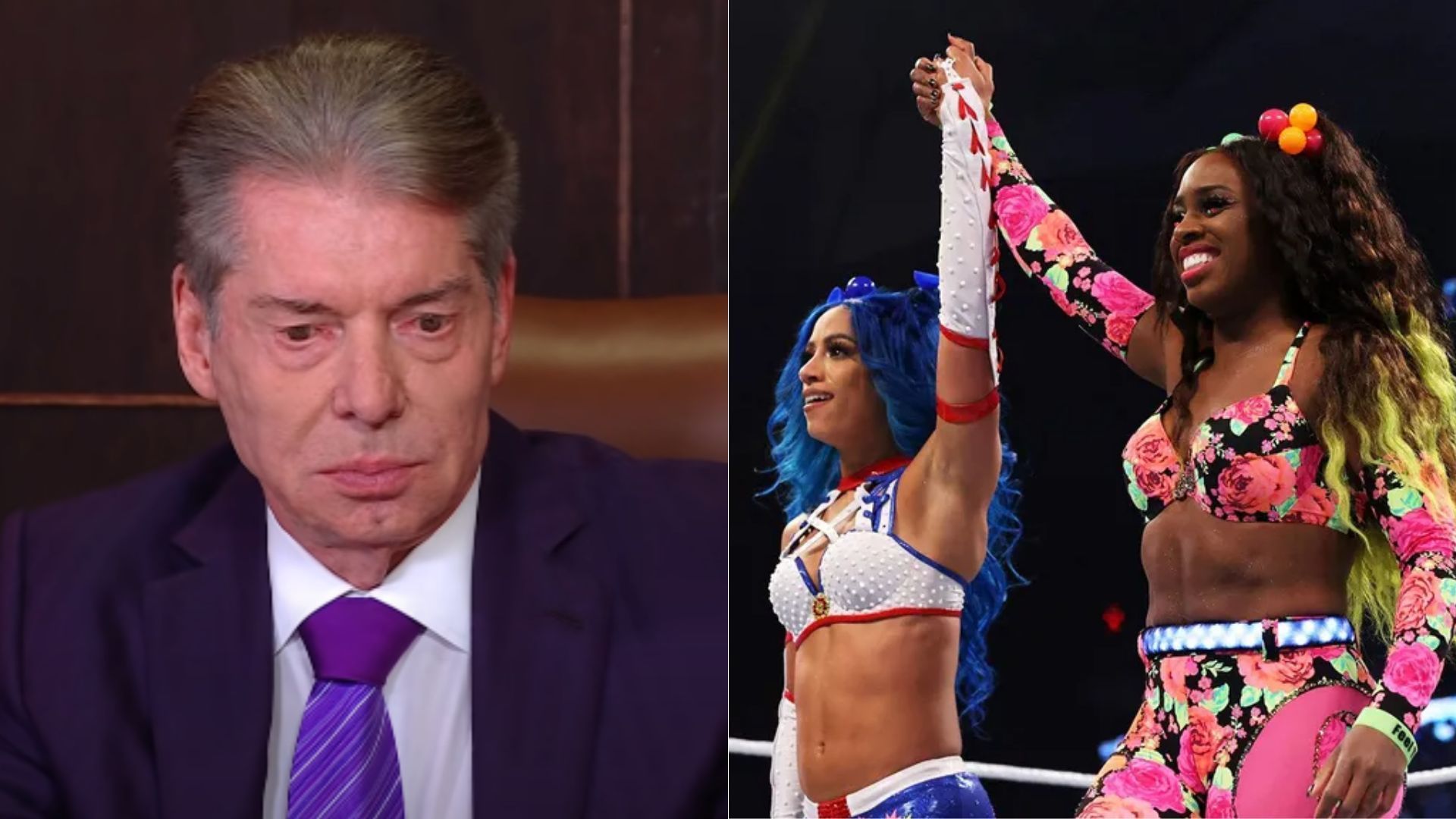 Vince McMahon (left); Sasha Banks and Naomi (right)