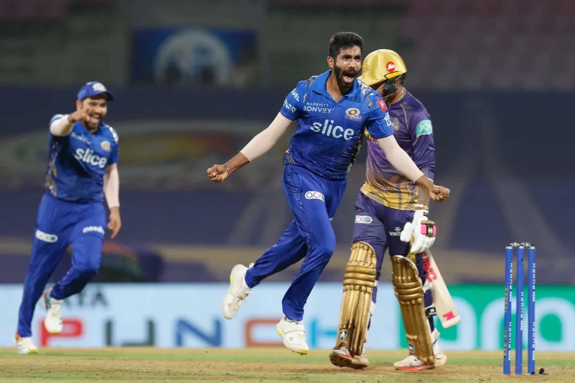 Jasprit Bumrah is ecstatic after claiming a wicket. Pic: IPLT20.COM