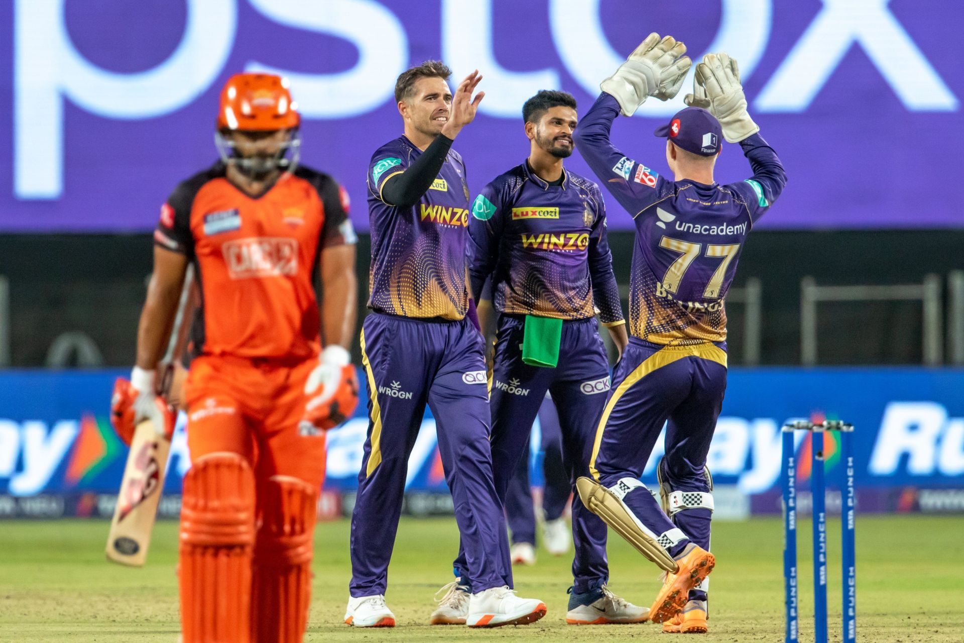 Tim Southee celebrates Rahul Tripathi&#039;s wicket. (Credits: Twitter)