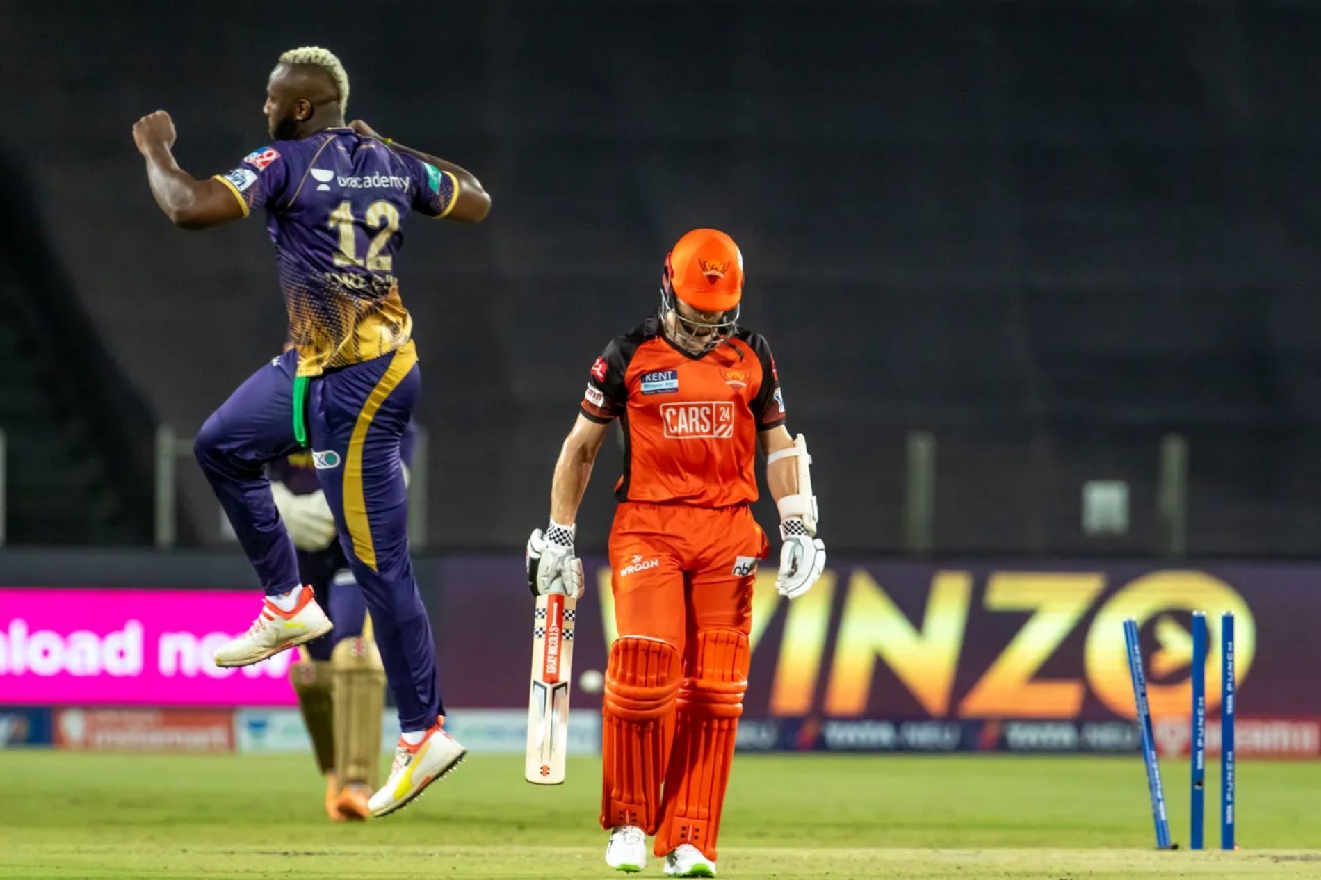 Kane Williamson walks back after being knocked over by Andre Russell. Pic: IPLT20.COM