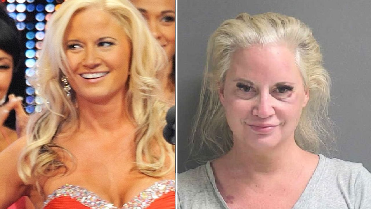 Sunny during her WWE Hall of Fame induction (left), Sunny&#039;s arrest mugshot (right)