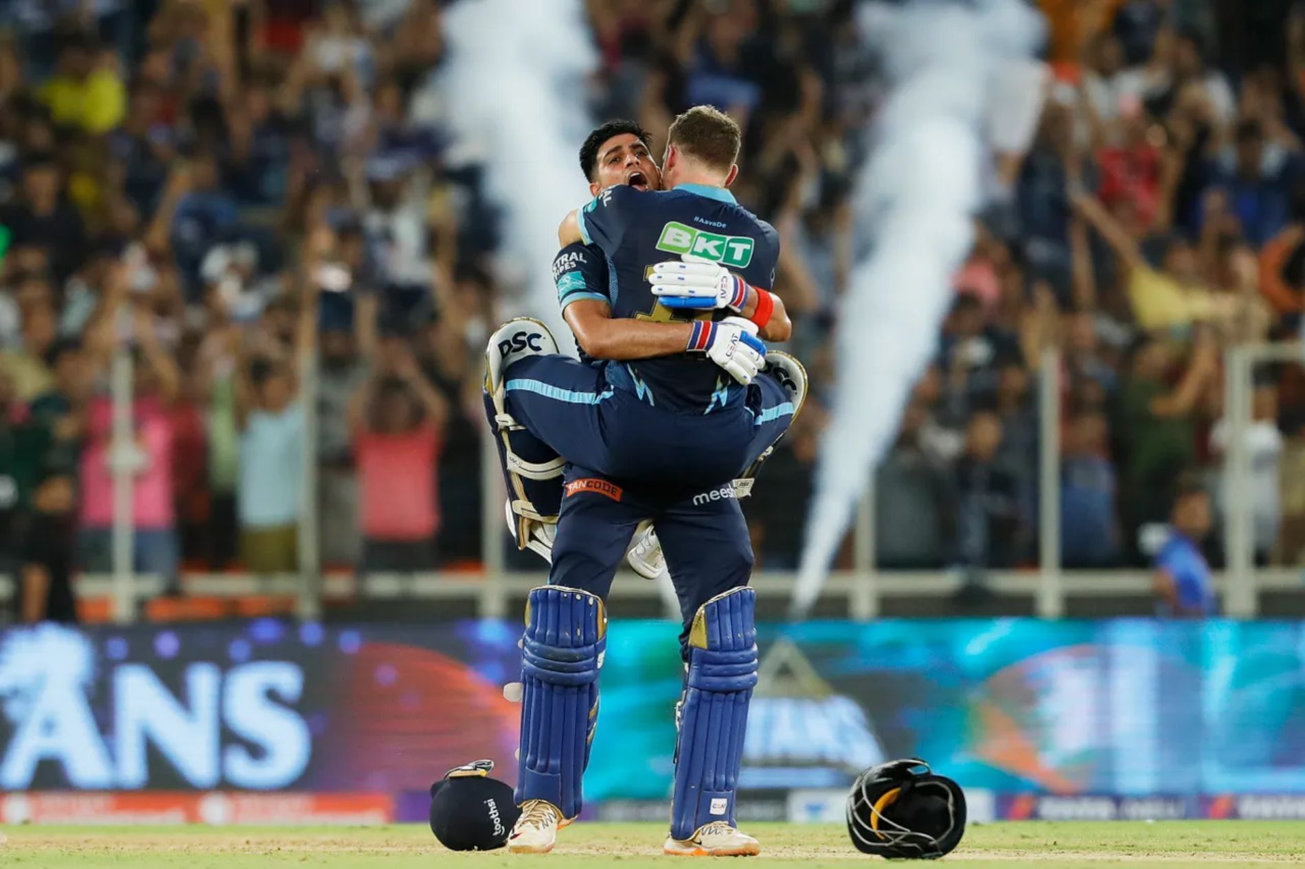 Shubman Gill and David Miller celebrate after Gujarat Titans win IPL 2022. Pic: IPLT20.COM