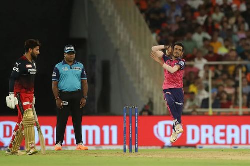 Yuzvendra Chahal bowling against RCB. Pic: IPLT20.COM