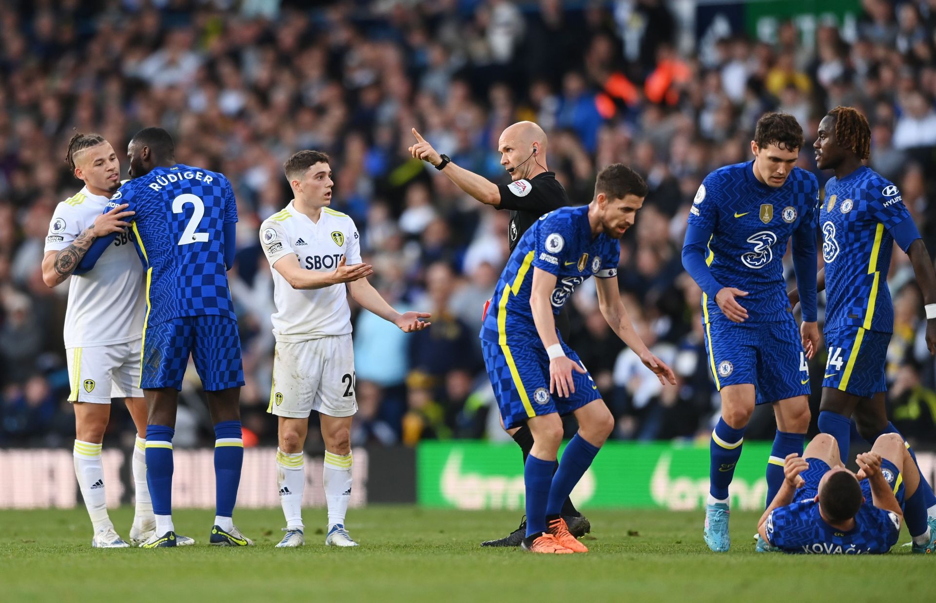 Daniel James shown the dug out by Referee Anthony Taylor