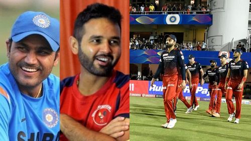 Virender Sehwag (L) and Parthiv Patel had a hilarious banter. (P.C.: Twitter & iplt20.com)