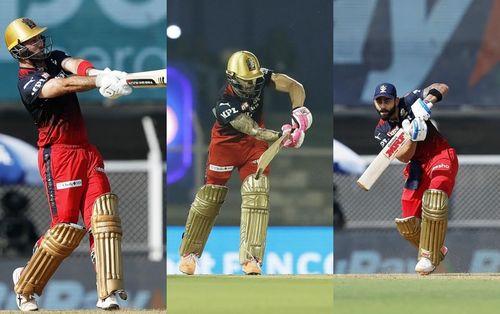 (LtoR) Glenn Maxwell, Faf du Plessis and Virat Kohli. Pics: IPLT20.COM