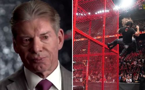 Vince McMahon (left); Seth Rollins' leap of faith outside the Hell in a Cell structure (right)