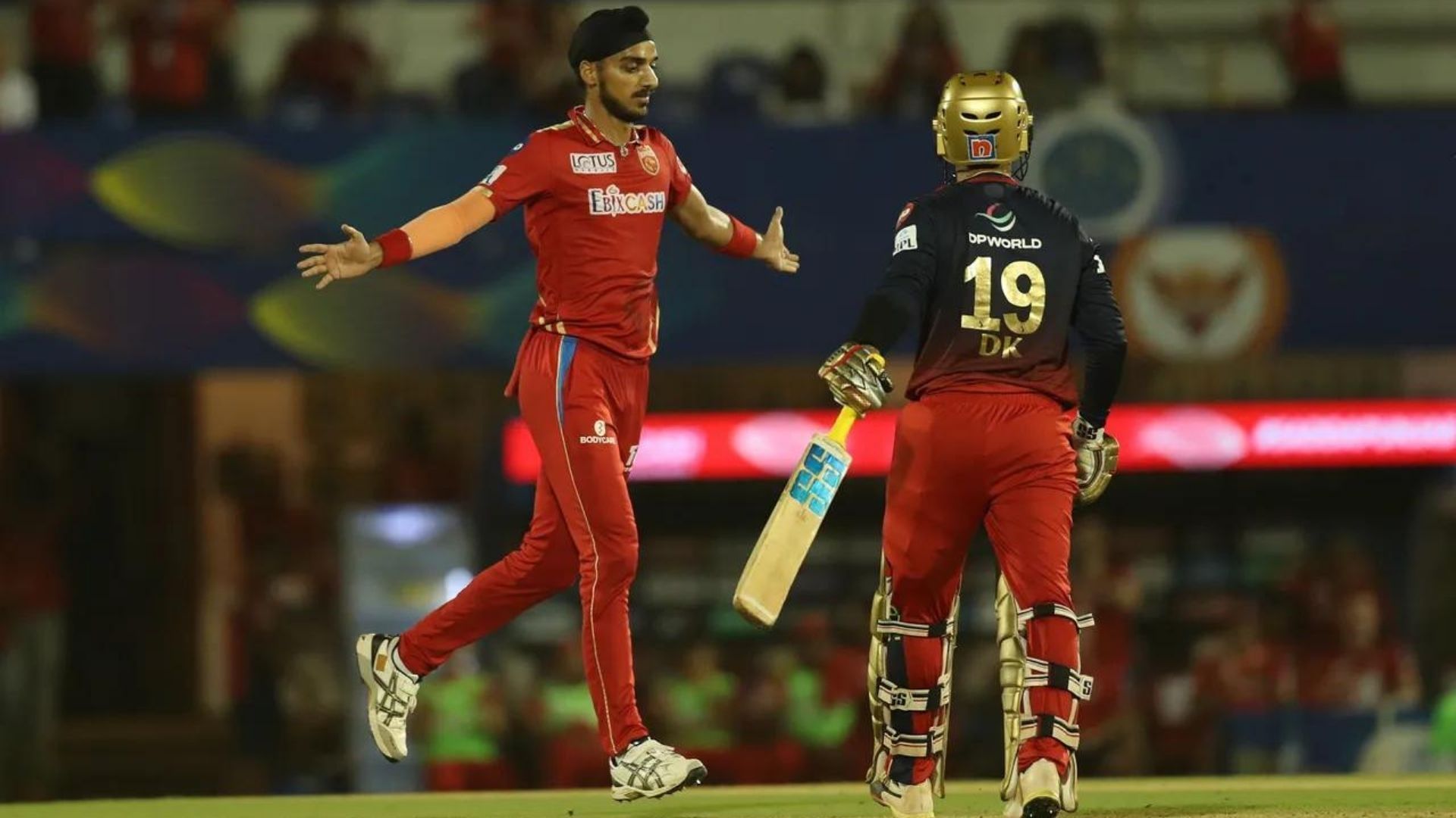 Arshdeep Singh (L) celebrates a wicket against the Royal Challengers Bangalore. (P.C.:iplt20.com)