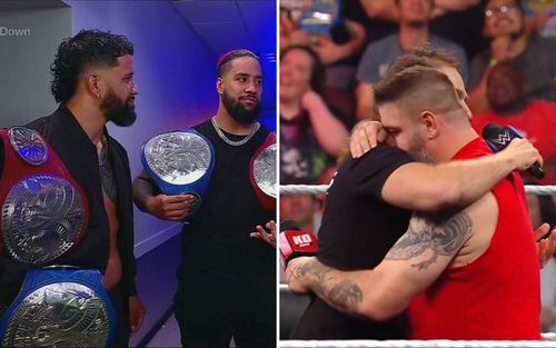 The Usos (left); Kevin Owens and Sami Zayn embracing (right)