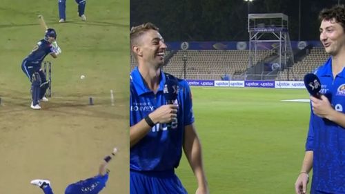 Daniel Sams (L) and Tim David relive MI's thrilling last-ball win over GT. (P.C.:iplt20.com)