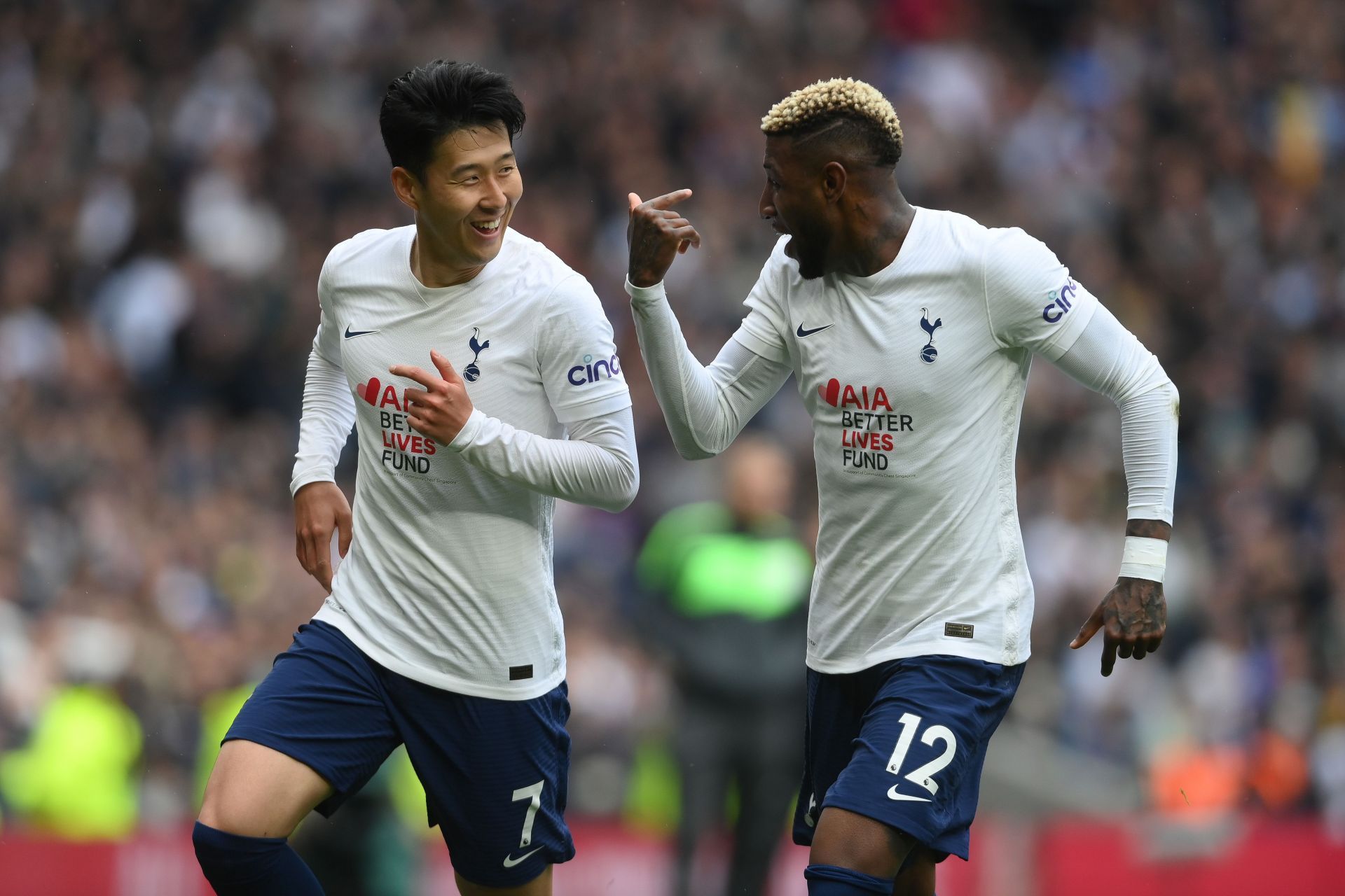 Son Heung-min (L, #7) and Emerson Royal (R, 12) celebrate Tottenham Hotspur's goal