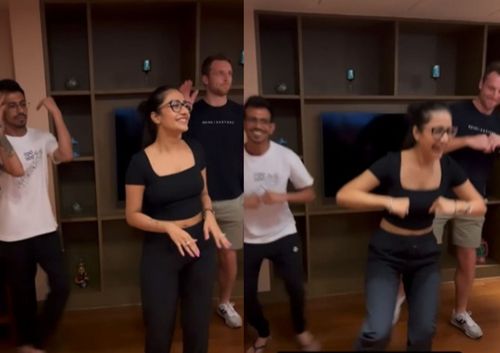 Dhanashree Verma posted a video in which she is seen shaking a leg with husband Yuzvendra Chahal and Jos Buttler (Screengrab via Instagram/Dhanashree Verma).