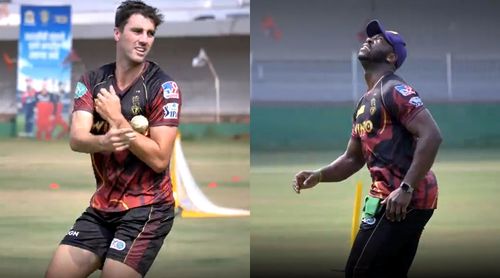 Pat Cummins (left) and Andre Russell taking the ‘popcorn’ challenge. Pics: KKR/ Twitter