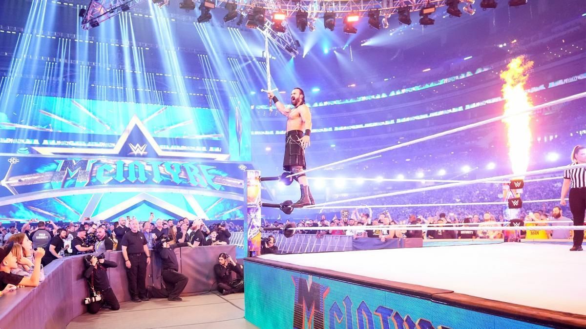 Drew McIntyre during his entrance at WrestleMania 38