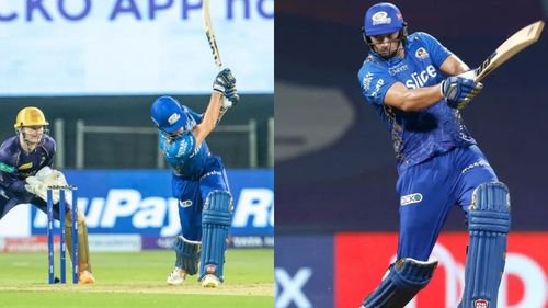 Dewald Brevis (L) and Tim David in action for MI. (P.C.:iplt20.com)