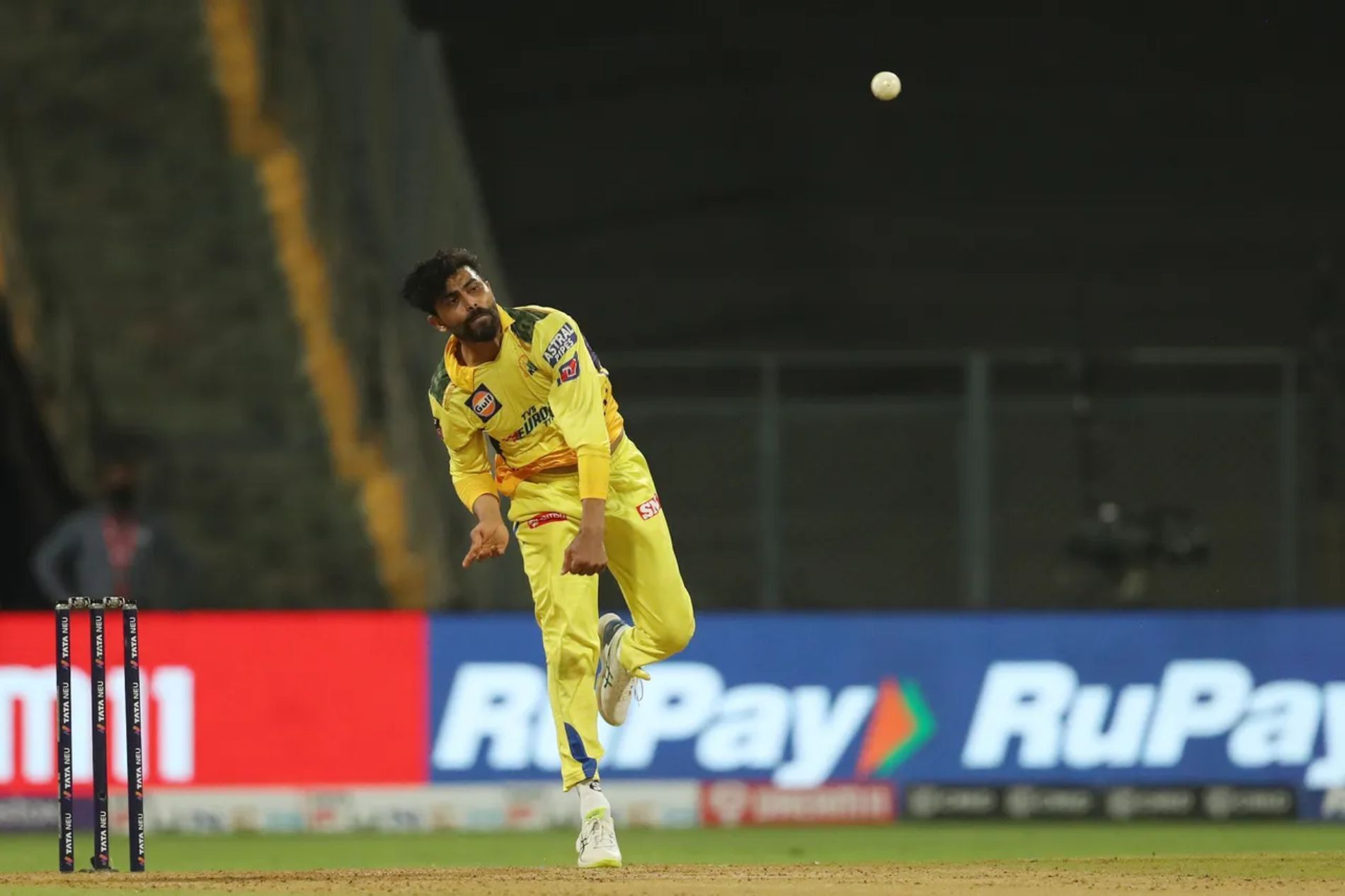 Ravindra Jadeja bowling against Punjab. Pic: IPLT20.COM