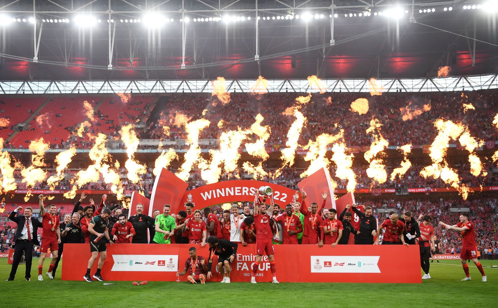 Liverpool players celebrate after winning the FA Cup.