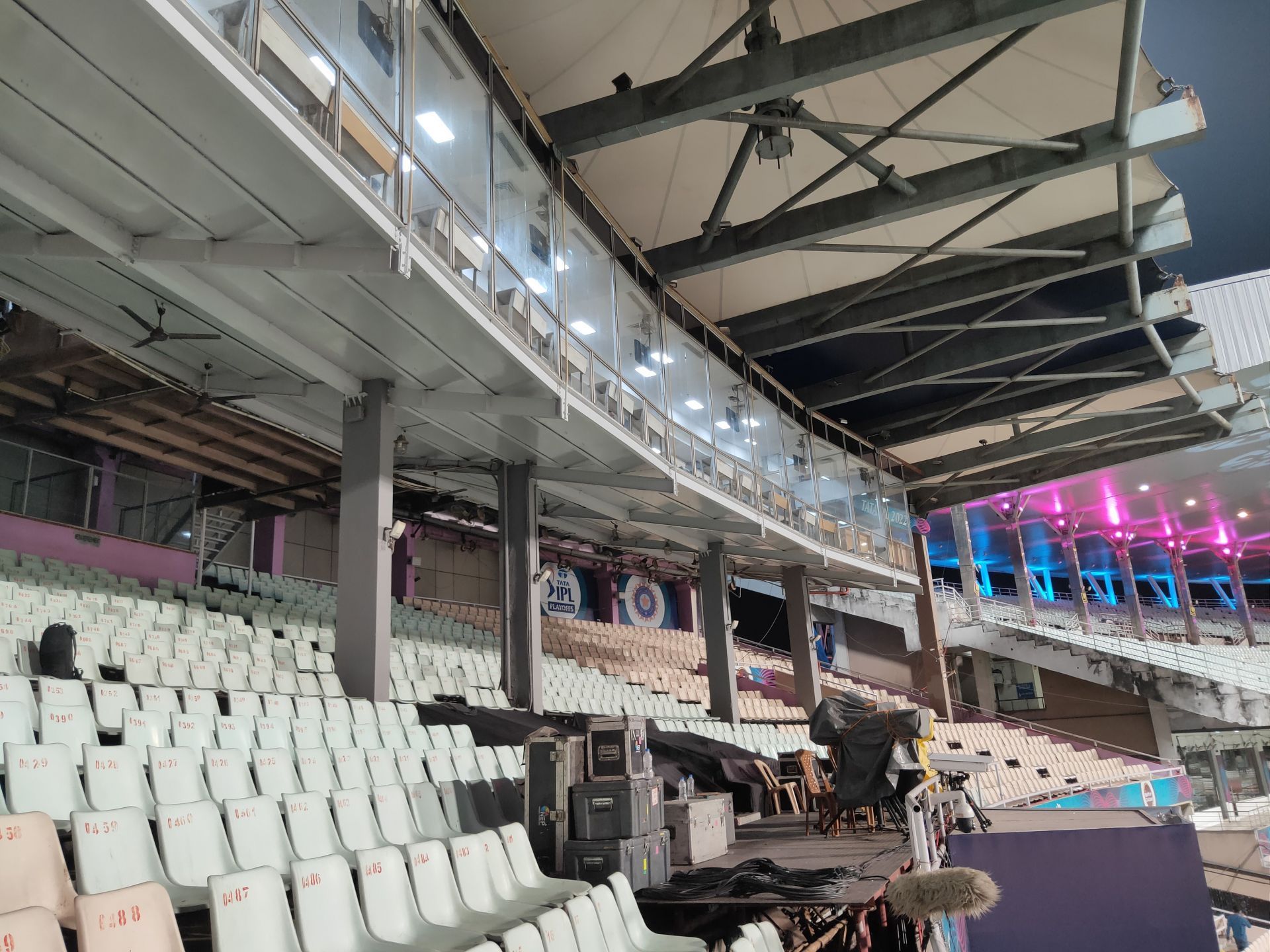 The press box glass which was completely shattered on Saturday has been replaced [Credits: Srinjoy Sanyal]