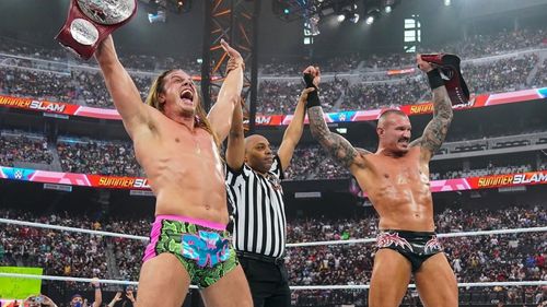 Randy Orton & Matt Riddle celebrating as the WWE Raw Tag Team Champions