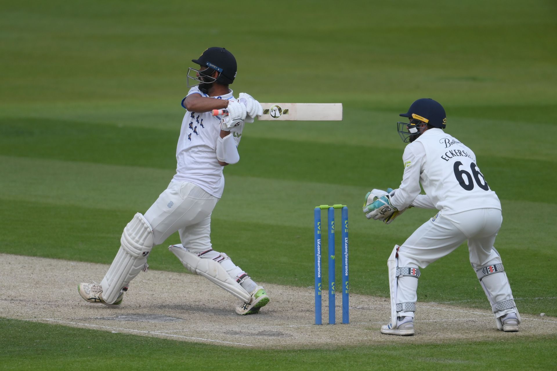 Pujara in action during the match between Sussex and Durham