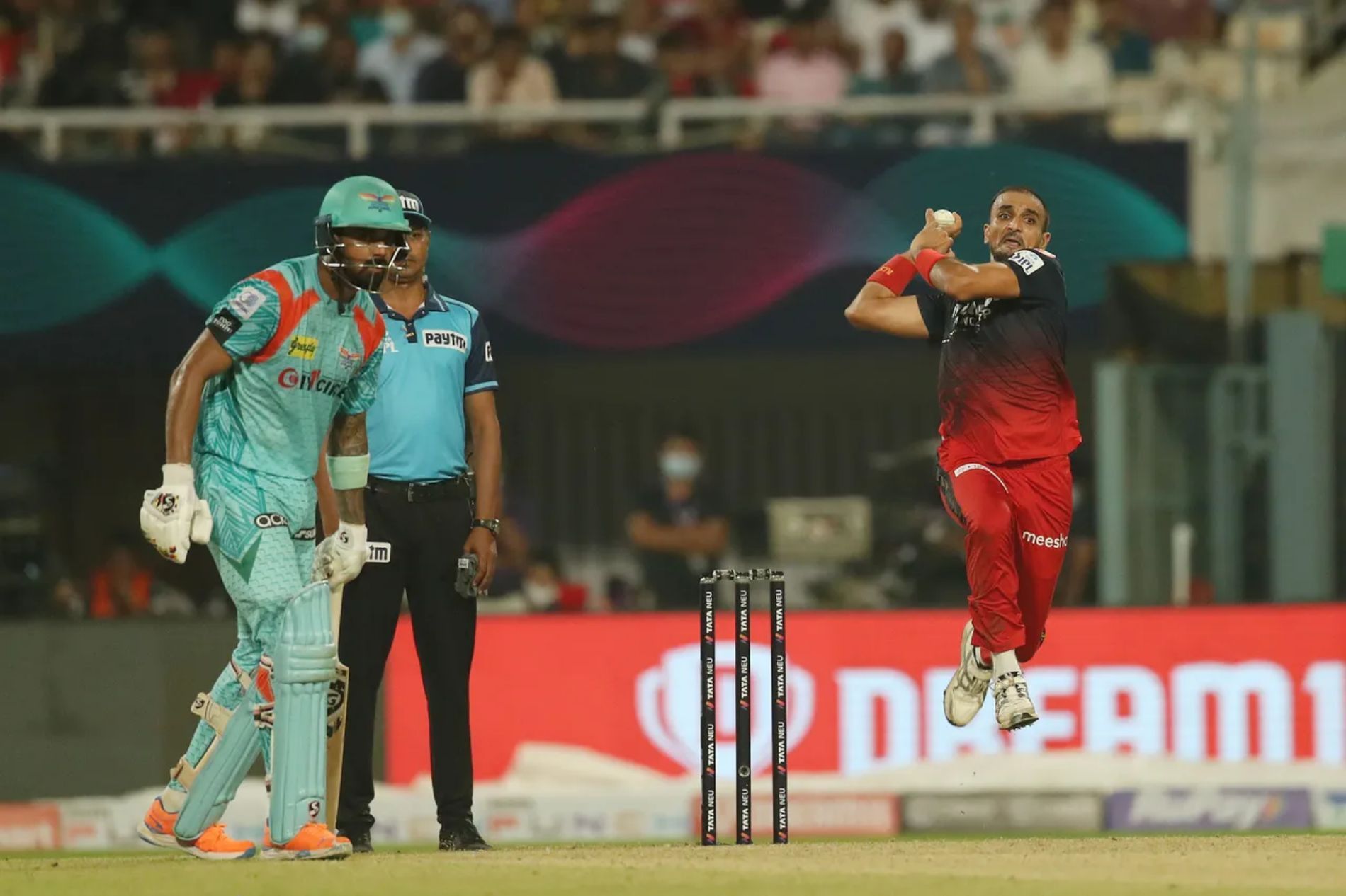 Harshal Patel bowling against LSG in the Eliminator. Pic: IPLT20.COM