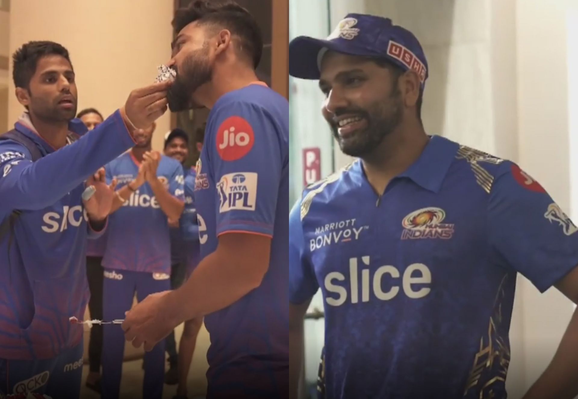 Mumbai Indians players celebrating after bagging their maiden victory this season