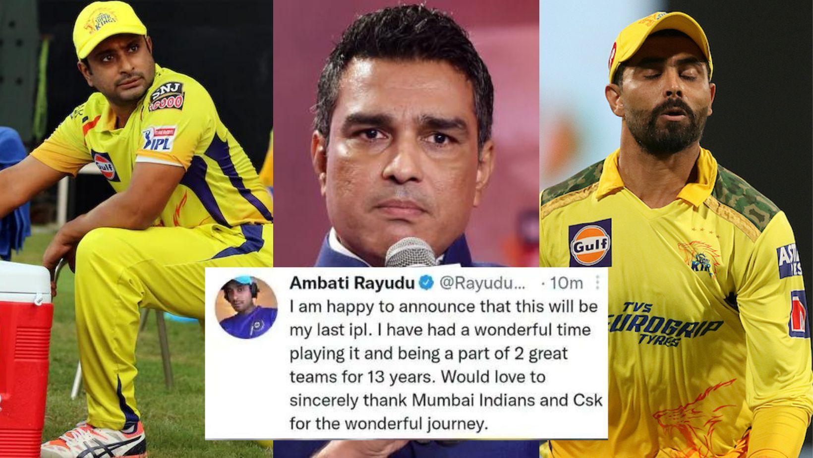 Ambati Rayudu, Sanjay Manjrekar, and Ravindra Jadeja (from left to right)