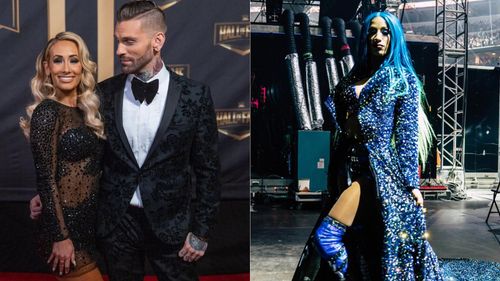 Carmella and Corey Graves (left); Sasha Banks (right)