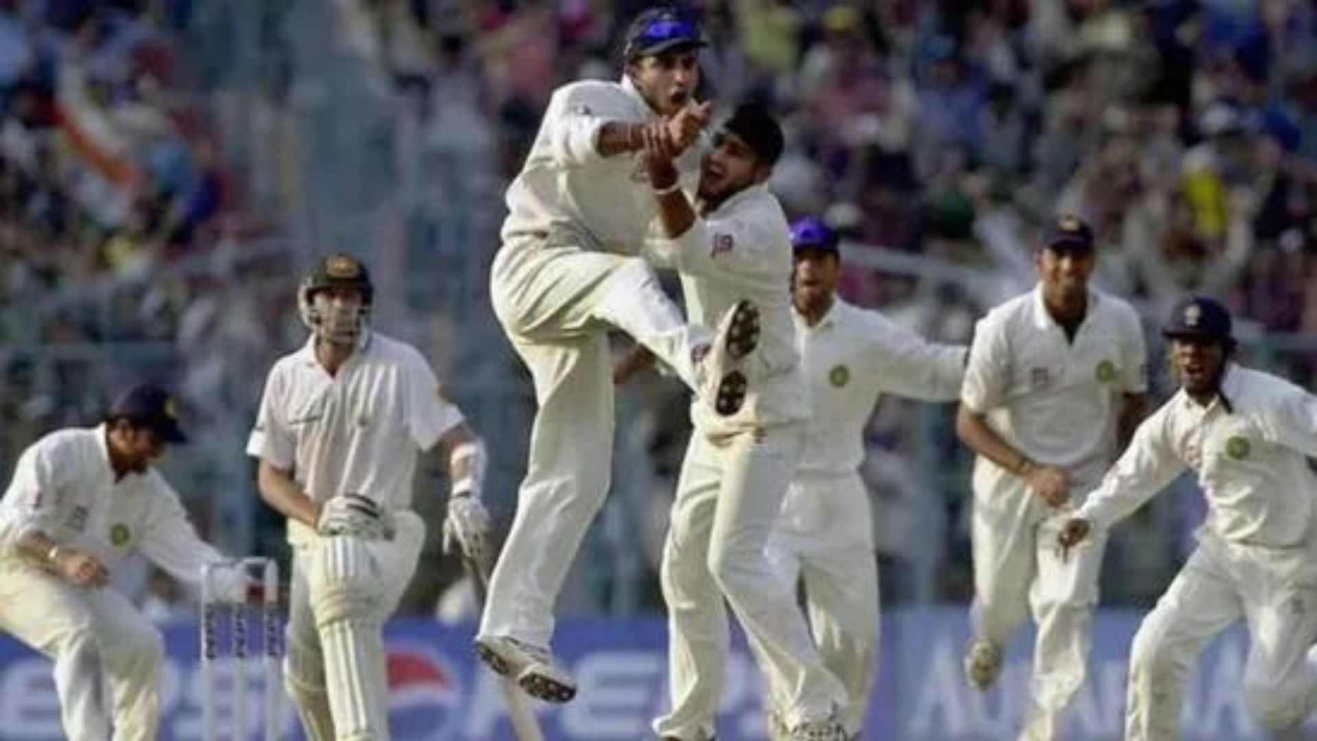 Harbhajan Singh, Ganguly, and the team celebrating after winning the 2001 Kolkata Test against Australia. (P.C.:BCCI)