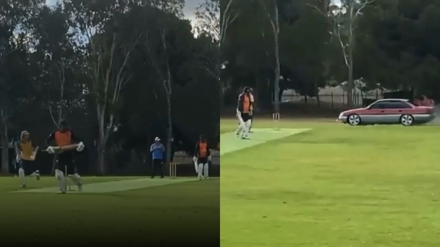 Local players rush off the field after spotting a speeding car during a match in Adelaide.