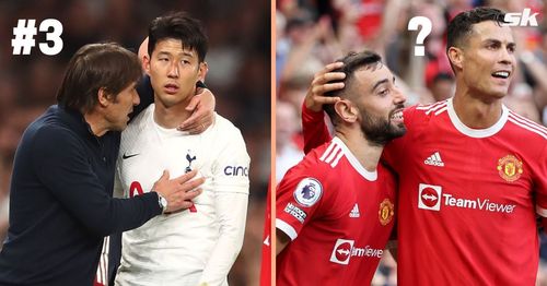 Tottenham Hotspur's Antonio Conte and Son Heung-min (left) and Manchester United's Bruno Fernandes and Cristiano Ronaldo (right)