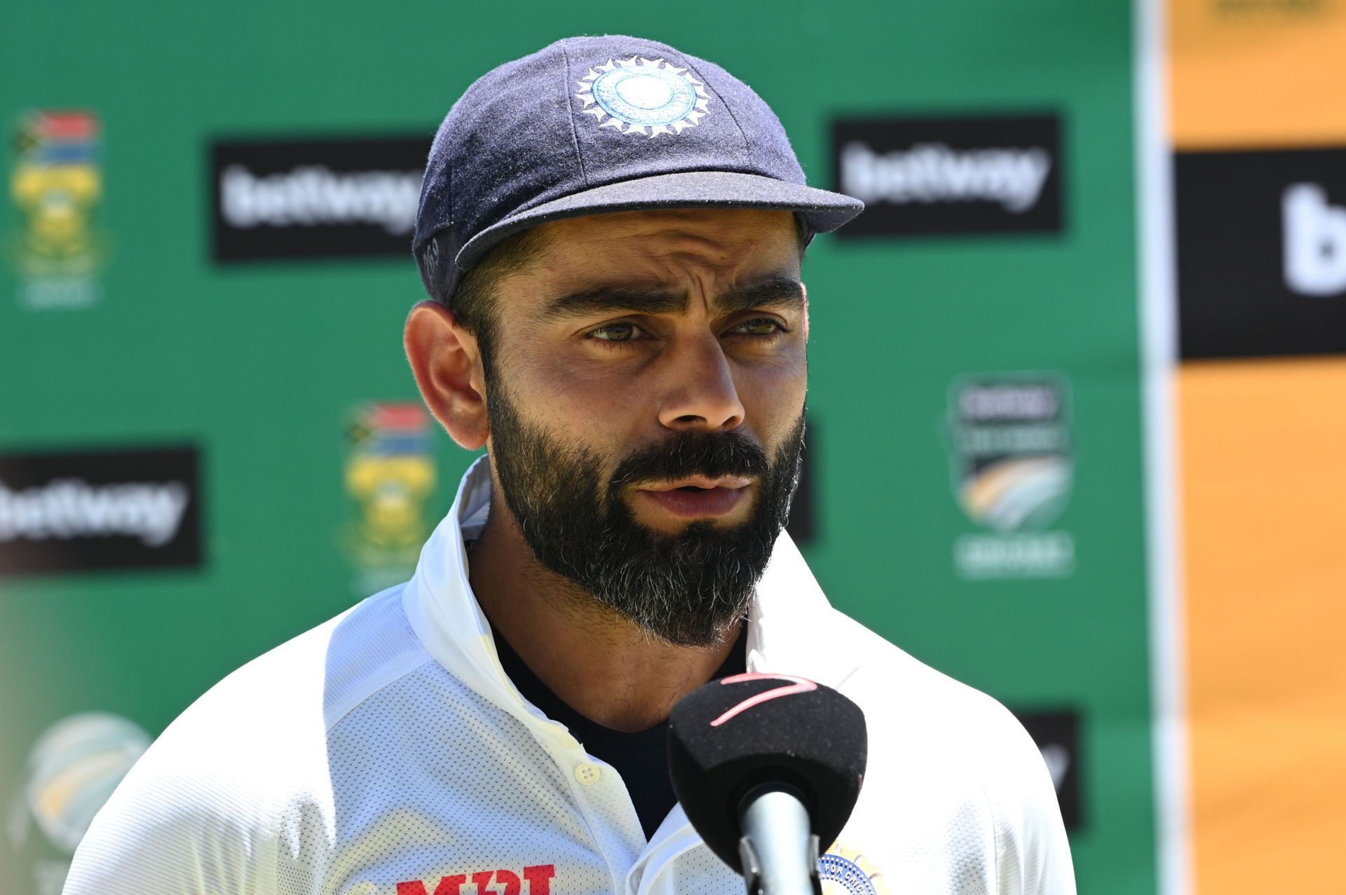 Virat Kohli speaks at the post-match presentation. Photo by Lee Warren/Gallo Images/Getty Images
