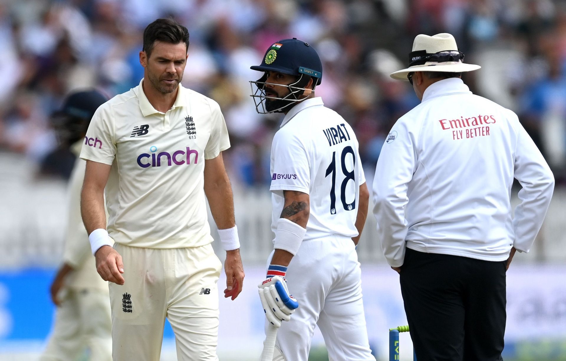 James Anderson (left) and Virat Kohli during the Lord&rsquo;s Test last year. (Credit: Getty Images)