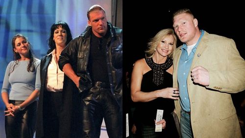 Triple H with Stephanie McMahon & Chyna (left) and Sable with Brock Lesnar (right)