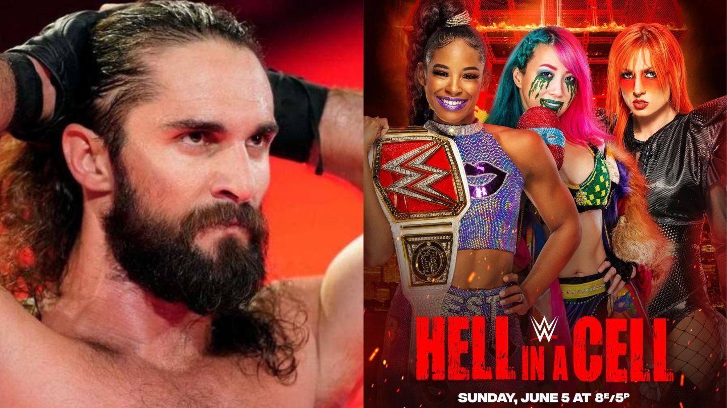 Seth Rollins (left); Bianca Belair, Asuka, Becky Lynch (right)