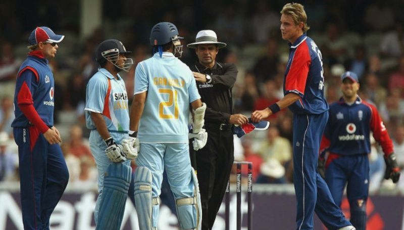 Indian cricketer Sourav Ganguly and England's Stuart Broad engage in a "discussion".