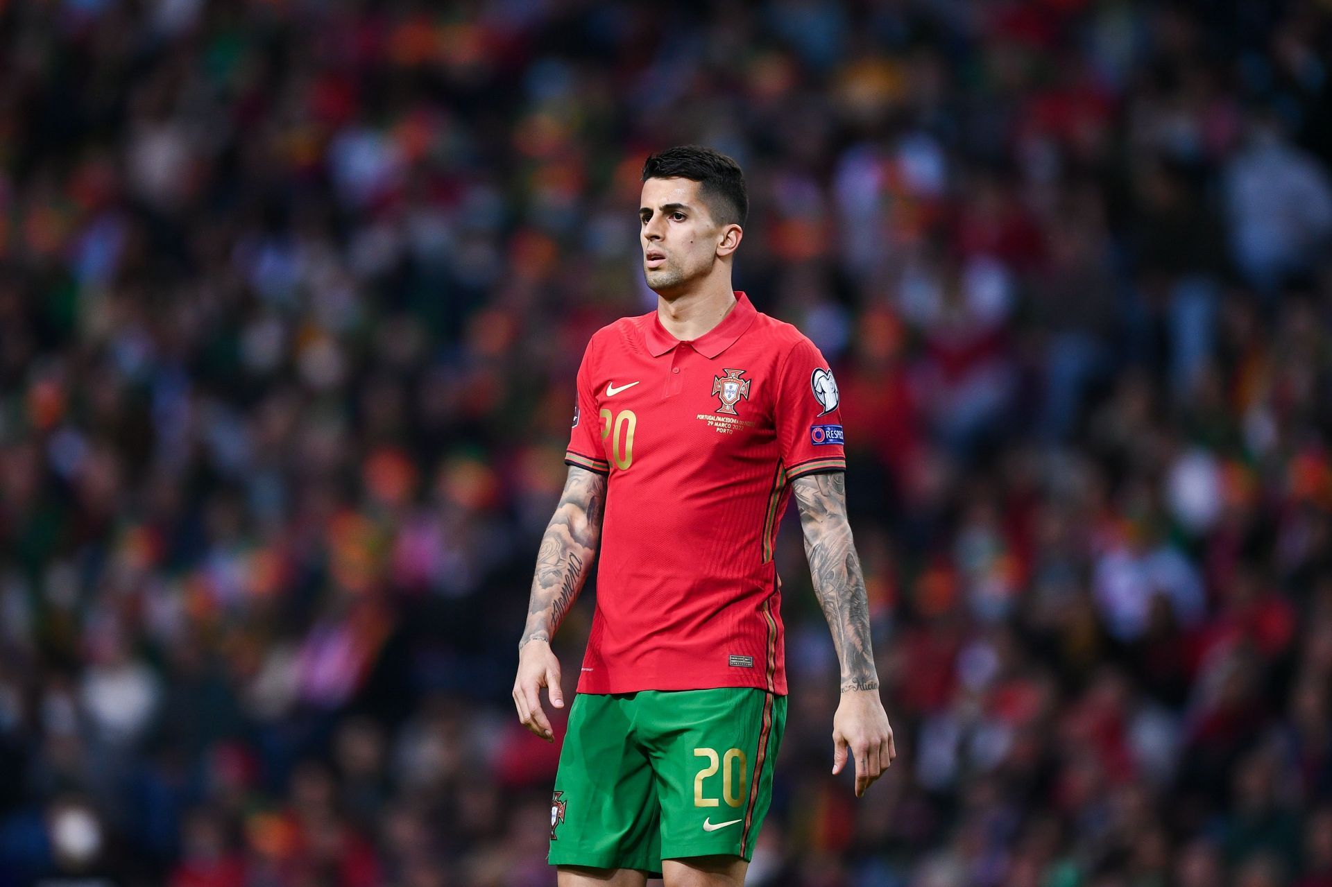 Joao Cancelo in action v North Macedonia: Knockout Round Play-Offs - 2022 FIFA World Cup Qualifier