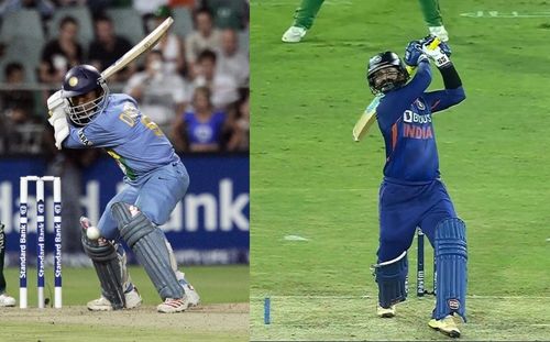 (Left) Dinesh Karthik batting in India’s first T20I; (Right) The batter during the ongoing series against South Africa.