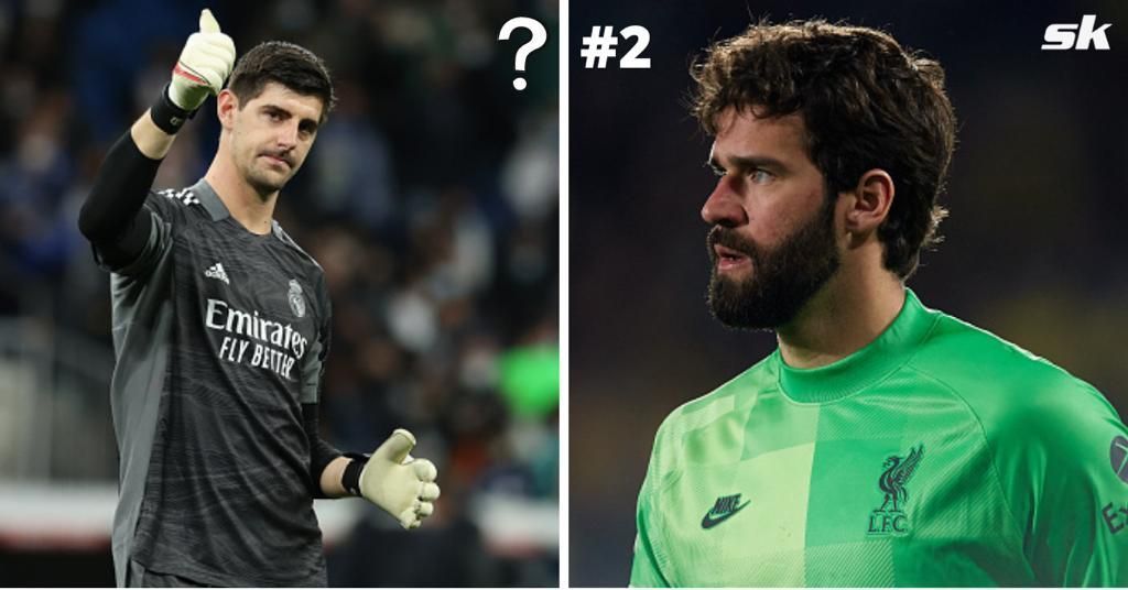 Real Madrid&#039;s Thibaut Courtois (left) and Liverpool keeper Alisson Becker