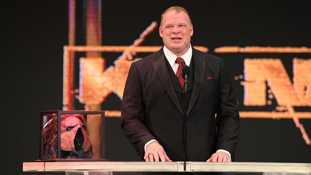 Kane speaking at the 2021 WWE Hall of Fame.