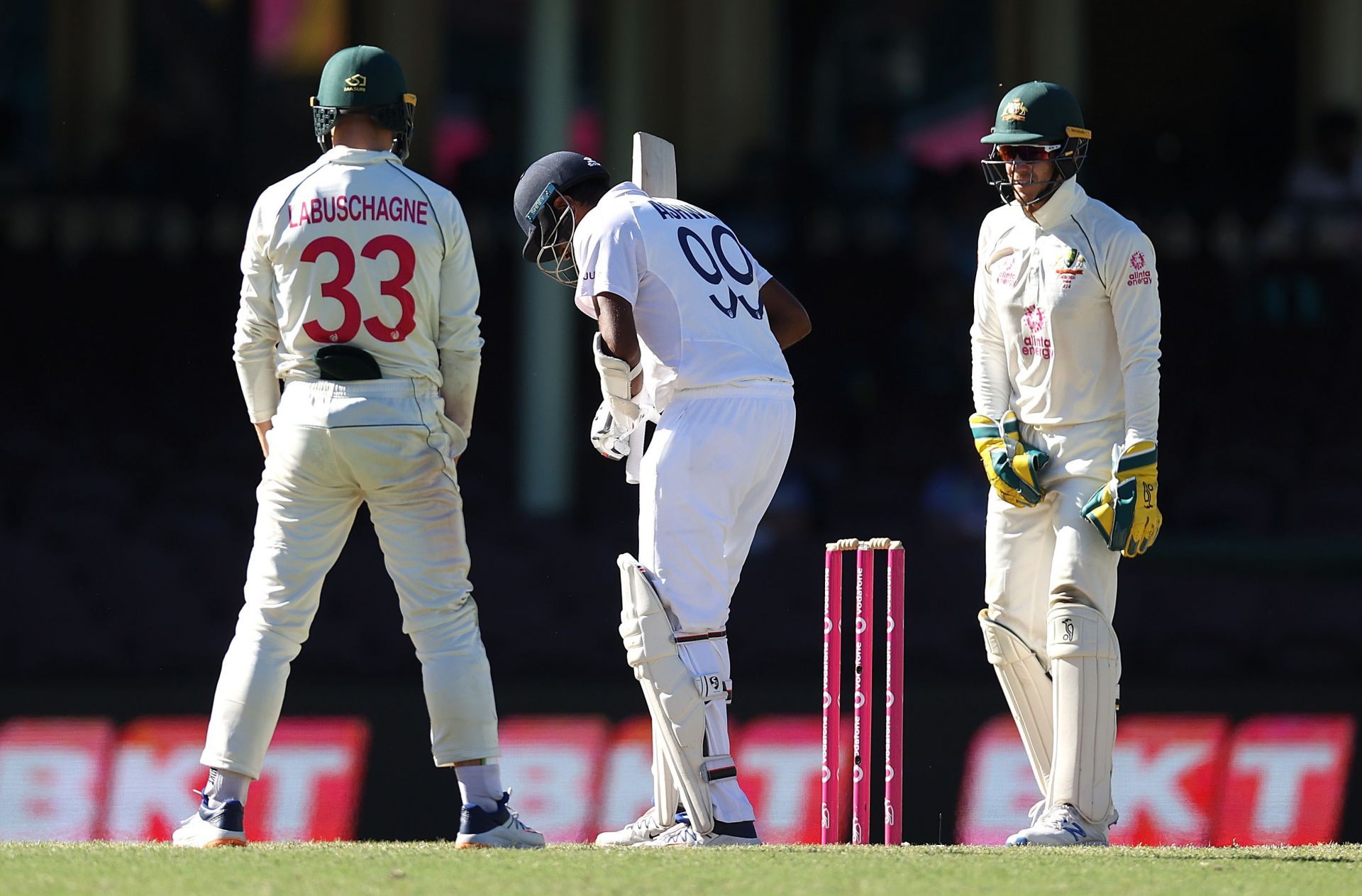 Tim Paine and Ravichandran Ashwin during Day 5 of the 2020-21 Sydney Test. Pic: Getty Images