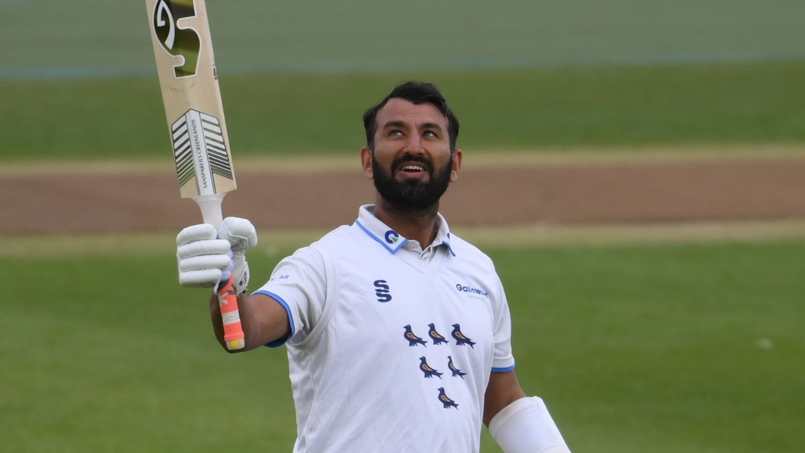 Cheteshwar Pujara celebrating a milestone for Sussex. (PC: Getty Images)