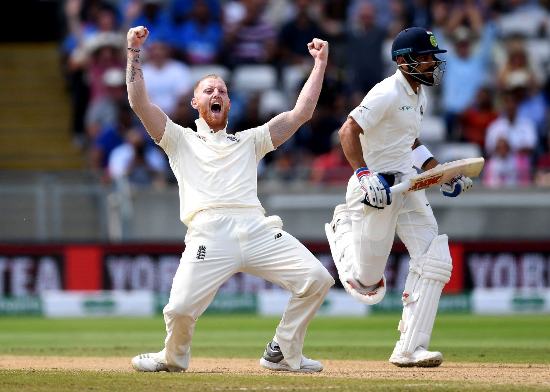 Ben Stokes celebrates dismissing Virat Kohli in the 2018 Edgbaston Test. Pic: Getty Images