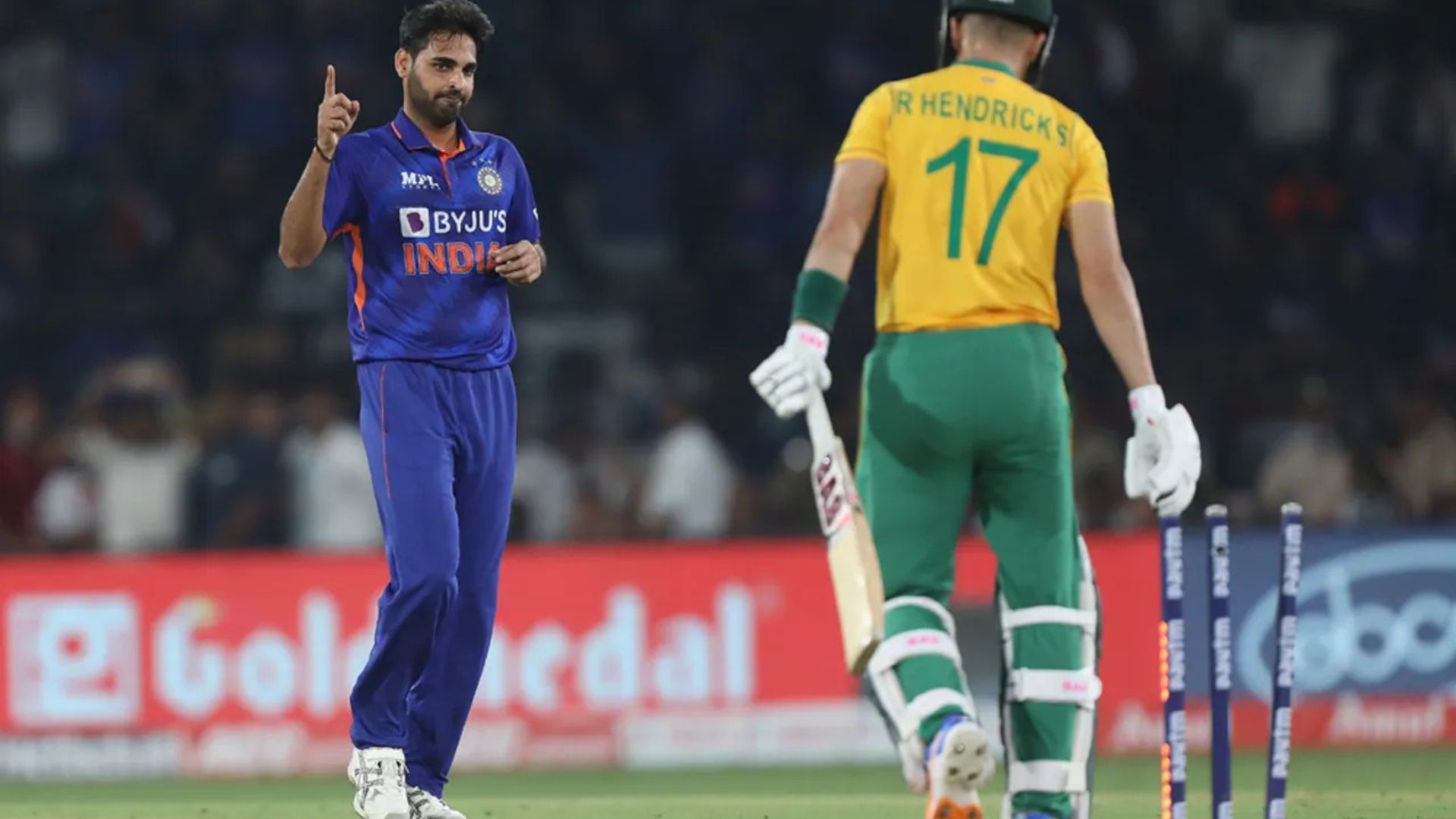 Bhuvneshwar Kumar celebrates after castling Reeza Hendricks with an inswinger. (P.C.:BCCI)