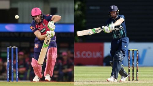 (Left) Jos Buttler batting for Rajasthan Royals; (Right) Buttler in England colors.